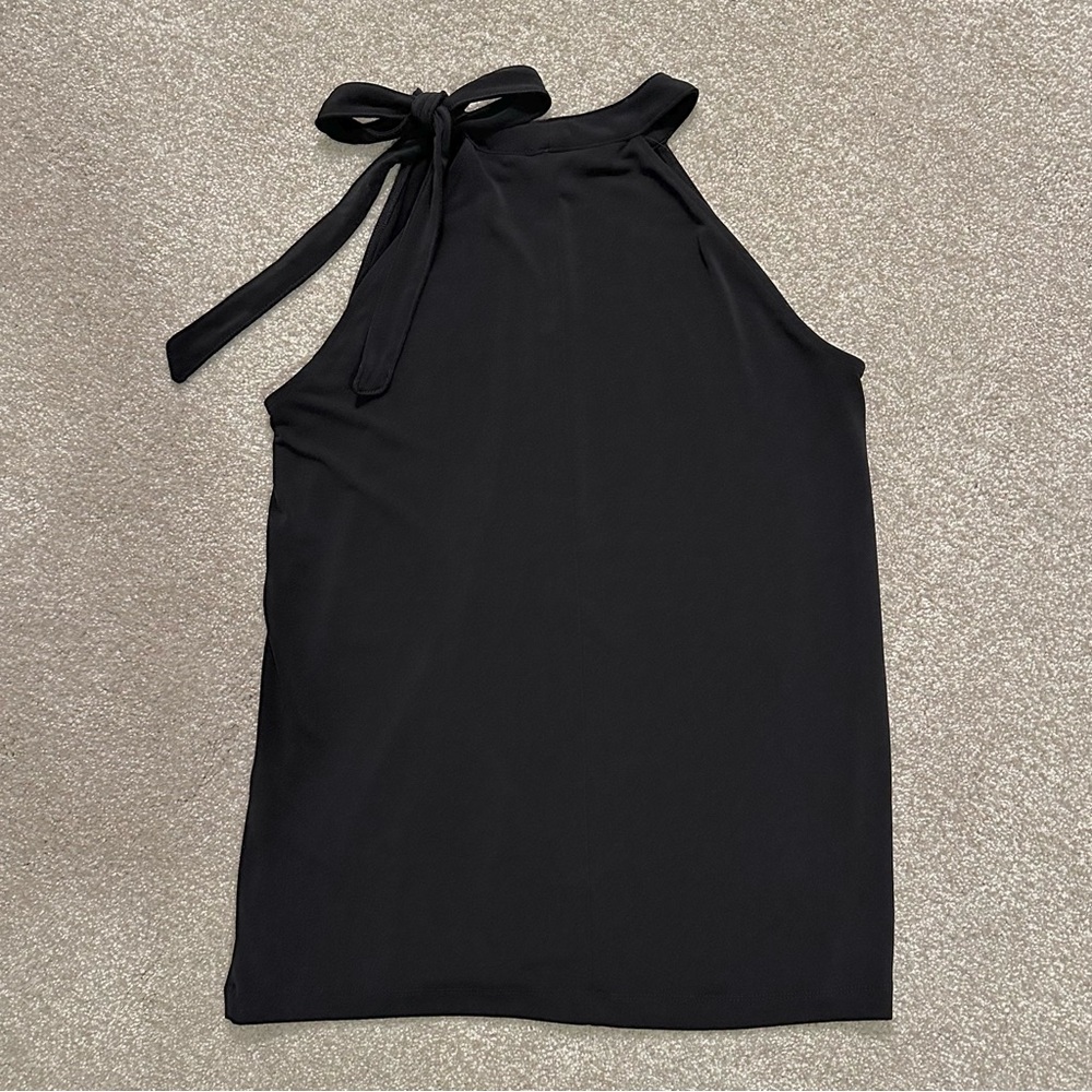 High neck black top with tie neck